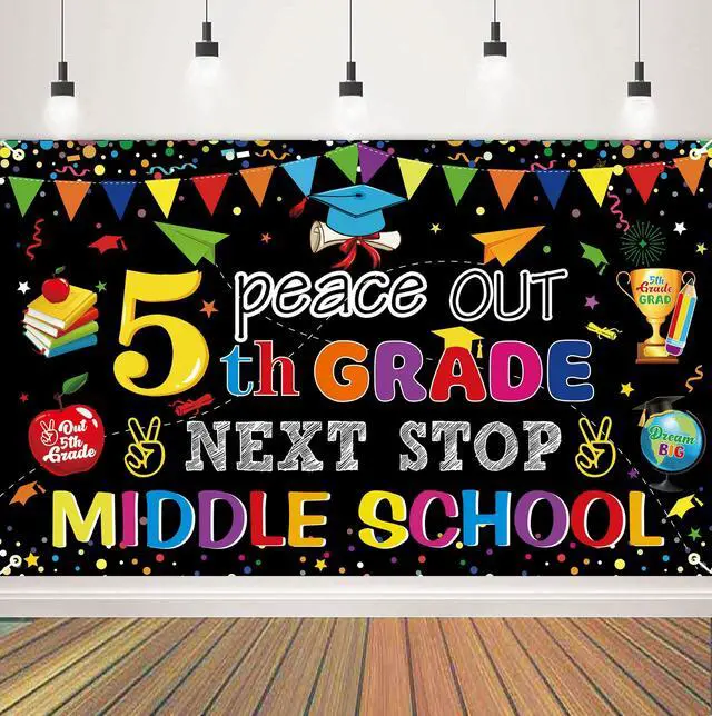 Main image of Peace Out 5TH Grade Next Stop Middle School Backdrop Large Size 5TH Grade Graduate Banner Fifth Grade Graduation Party Decorations Supplies
