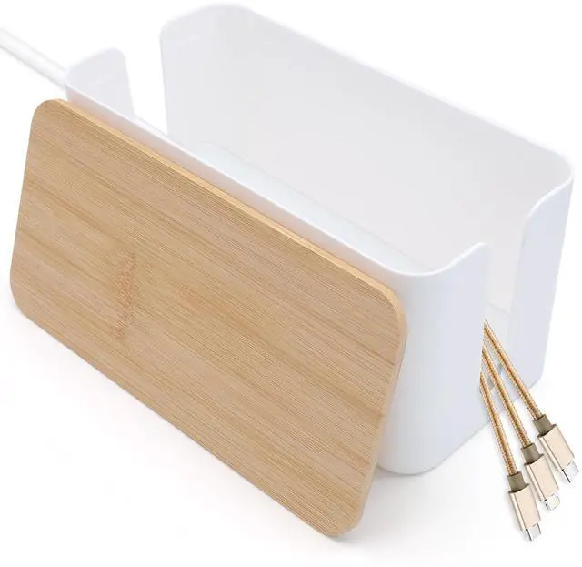 Main image of Cable Tidy Box White Cable Box with Bamboo Lid Cable Organiser Cable Management Box for Hiding Cables and Plugs
