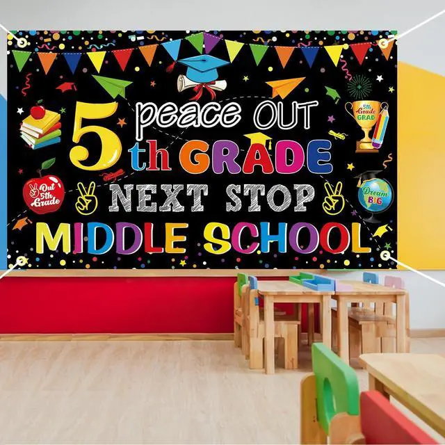 Alt view image 3 of 4 - Peace Out 5TH Grade Next Stop Middle School Backdrop Large Size 5TH Grade Graduate Banner Fifth Grade Graduation Party Decorations Supplies