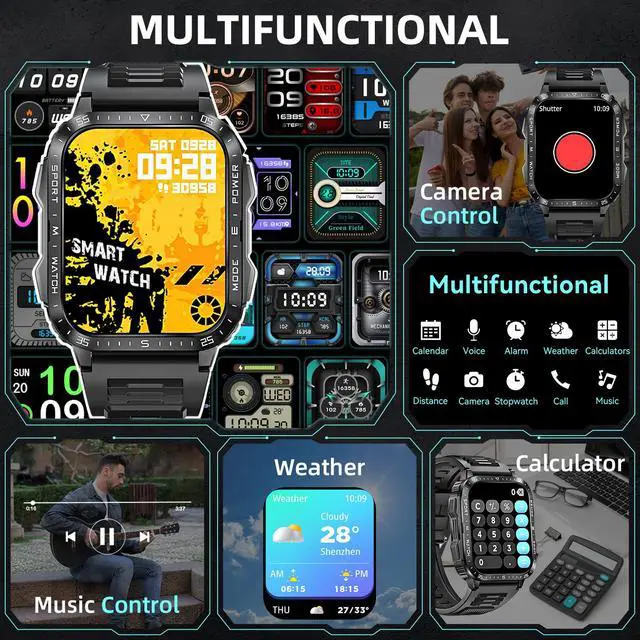 Alt view image 7 of 7 - Military Smart Watches for Men (Make/Answer Call) with LED Flashlight | Rugged Smartwatch with 1.96" Screen 430mAh Fitness Tracker with Sport Modes Heart Rate Sleep Monitor for iPhone Android phone