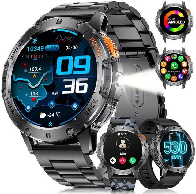 Main image of 1.43" AMOLED Smart Watch for Men with Flashlight, Bluetooth Calling, 100+ Sport Modes, 530mAh, IP68 Waterproof Fitness Tracker for Workout, iOS Android Compatible, Black Steel Camouflage Silicone