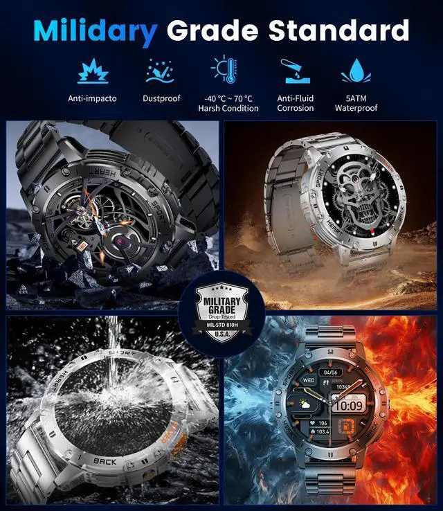 Alt view image 2 of 7 - 1.43" AMOLED Smart Watch for Men with Flashlight, Bluetooth Calling, 100+ Sport Modes, 530mAh, IP68 Waterproof Fitness Tracker for Workout, iOS Android Compatible, Black Steel Camouflage Silicone
