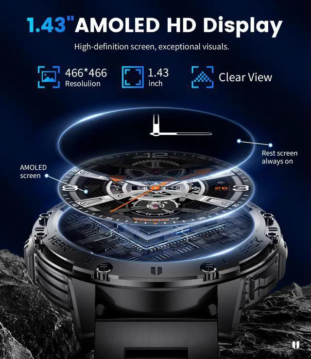 Alt view image 5 of 7 - 1.43" AMOLED Smart Watch for Men with Flashlight, Bluetooth Calling, 100+ Sport Modes, 530mAh, IP68 Waterproof Fitness Tracker for Workout, iOS Android Compatible, Black Steel Camouflage Silicone