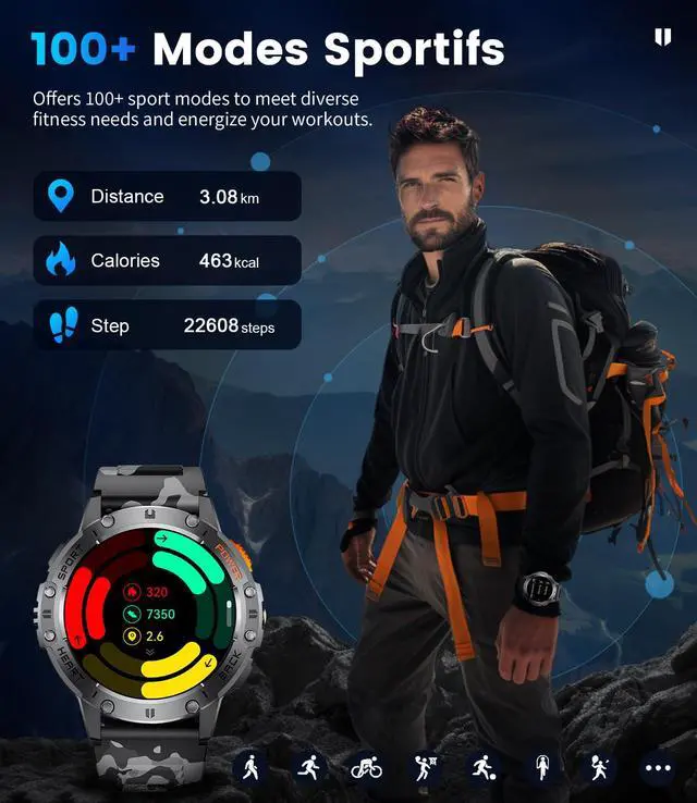 Alt view image 6 of 7 - 1.43" AMOLED Smart Watch for Men with Flashlight, Bluetooth Calling, 100+ Sport Modes, 530mAh, IP68 Waterproof Fitness Tracker for Workout, iOS Android Compatible, Black Steel Camouflage Silicone