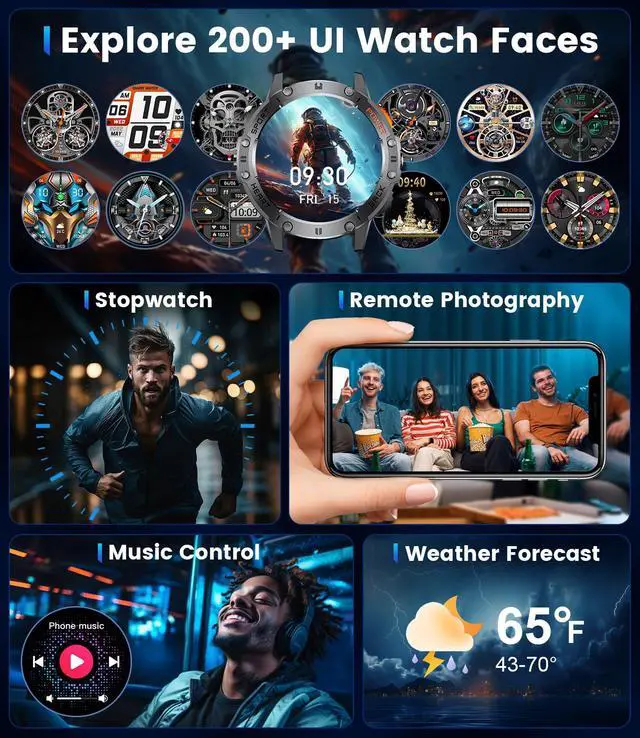 Alt view image 7 of 7 - 1.43" AMOLED Smart Watch for Men with Flashlight, Bluetooth Calling, 100+ Sport Modes, 530mAh, IP68 Waterproof Fitness Tracker for Workout, iOS Android Compatible, Black Steel Camouflage Silicone