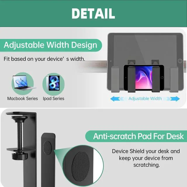 Alt view image 7 of 7 - Adjustable Side Laptop Mount, No Drill Desk Storage Organizer, Metal Hanging Notebooks Holder, Punch-Free Clamp for MacBook Pro, Documents with Anti-Scratch Silicone