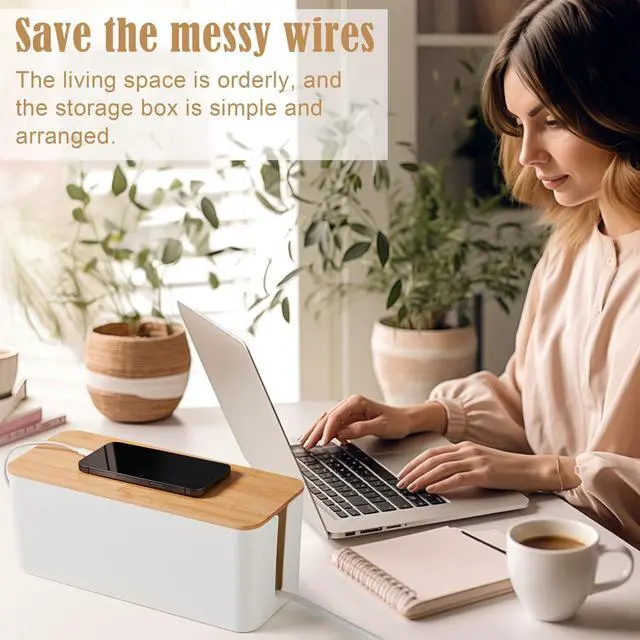 Alt view image 3 of 7 - Cable Tidy Box White Cable Box with Bamboo Lid Cable Organiser Cable Management Box for Hiding Cables and Plugs
