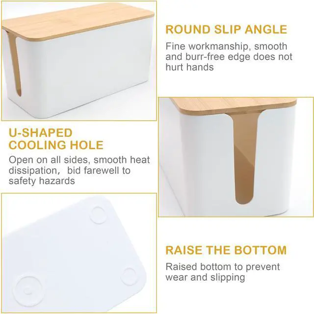 Alt view image 4 of 7 - Cable Tidy Box White Cable Box with Bamboo Lid Cable Organiser Cable Management Box for Hiding Cables and Plugs