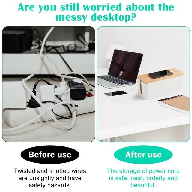 Alt view image 5 of 7 - Cable Tidy Box White Cable Box with Bamboo Lid Cable Organiser Cable Management Box for Hiding Cables and Plugs