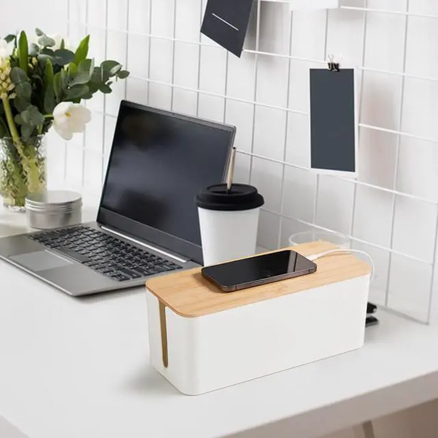 Alt view image 6 of 7 - Cable Tidy Box White Cable Box with Bamboo Lid Cable Organiser Cable Management Box for Hiding Cables and Plugs