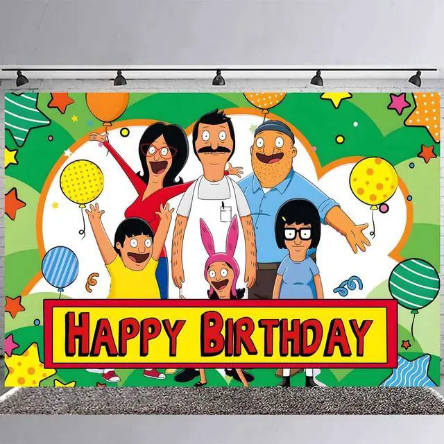 Alt view image 3 of 4 - Bob Family Burgers Birthday Decorations,Cartoon Hamburger Backdrops for Party Decorations Supplies,Anime Happy Birthday Banner Backdrop for Party Supplies (5x3ft)