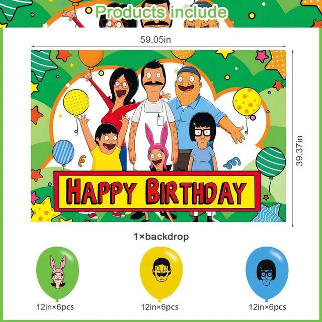 Alt view image 2 of 4 - Bob Family Burgers Birthday Decorations,Cartoon Hamburger Backdrops for Party Decorations Supplies,Anime Happy Birthday Banner Backdrop for Party Supplies (5x3ft)
