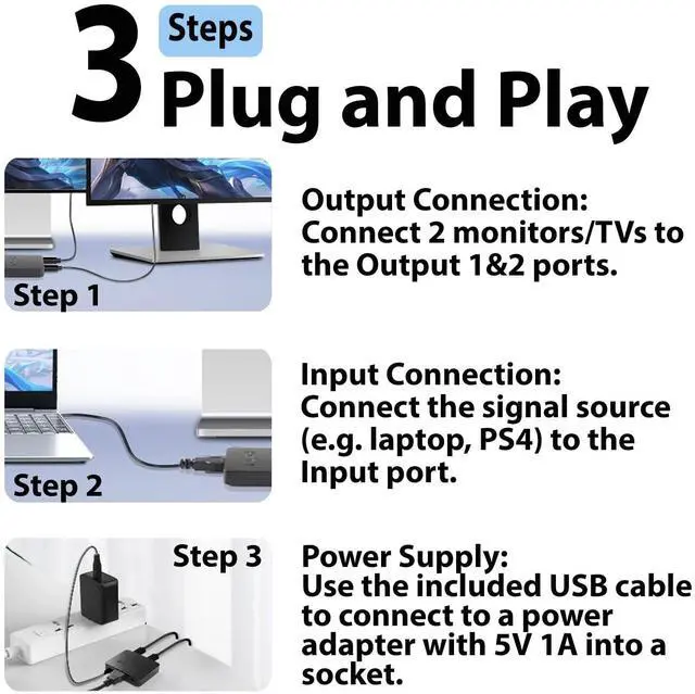 Alt view image 6 of 7 - 4K@60Hz HDMI Splitter 1 in 2 Out, Dual HDMI Adapter | Mirror Screens Only, HDMI 2.0 Video Duplicator with 2.5ft USB Power Cable, Supports TV, Monitor, Projector, PS4, Xbox