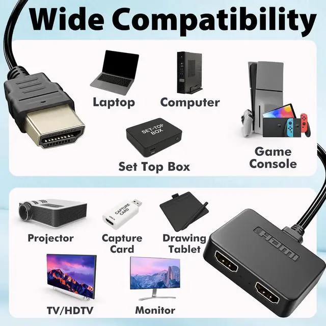 Alt view image 7 of 7 - 4K@60Hz HDMI Splitter 1 in 2 Out, Dual HDMI Adapter | Mirror Screens Only, HDMI 2.0 Video Duplicator with 2.5ft USB Power Cable, Supports TV, Monitor, Projector, PS4, Xbox