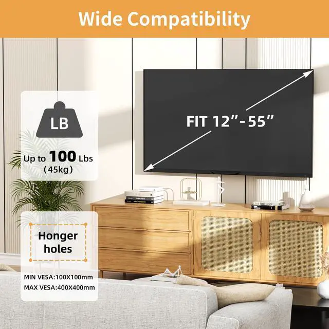 Alt view image 2 of 6 - Studless TV Wall Mount for 12-55 Inch Smart TVs, No Drill Drywall TV Mount | No Stud TV Hanger, 1.2" Low Profile, Max VESA 400x400mm up to 100 lbs, No Damage, Easy Installation with Bubble Level