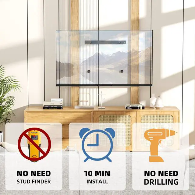 Alt view image 3 of 6 - Studless TV Wall Mount for 12-55 Inch Smart TVs, No Drill Drywall TV Mount | No Stud TV Hanger, 1.2" Low Profile, Max VESA 400x400mm up to 100 lbs, No Damage, Easy Installation with Bubble Level
