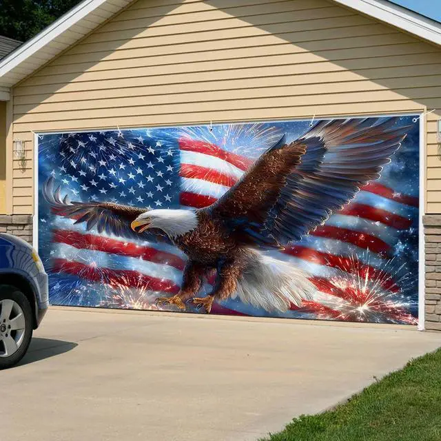 Main image of 4th of July Garage Door Cover 7x8Ft Banner, Blue American Flag Eagle USA Independence Day Garage Door Decorations Backdrop for Christmas/Halloween Holiday Garages Covers
