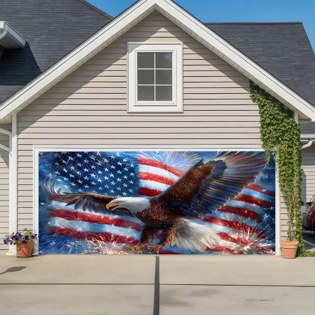 Alt view image 2 of 7 - 4th of July Garage Door Cover 7x8Ft Banner, Blue American Flag Eagle USA Independence Day Garage Door Decorations Backdrop for Christmas/Halloween Holiday Garages Covers