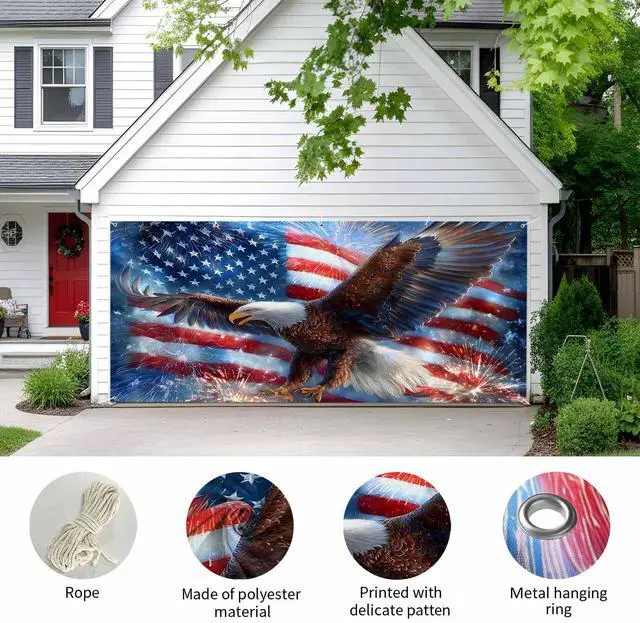 Alt view image 3 of 7 - 4th of July Garage Door Cover 7x8Ft Banner, Blue American Flag Eagle USA Independence Day Garage Door Decorations Backdrop for Christmas/Halloween Holiday Garages Covers