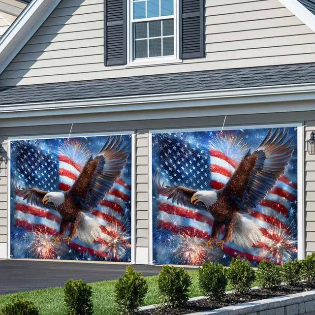 Alt view image 4 of 7 - 4th of July Garage Door Cover 7x8Ft Banner, Blue American Flag Eagle USA Independence Day Garage Door Decorations Backdrop for Christmas/Halloween Holiday Garages Covers