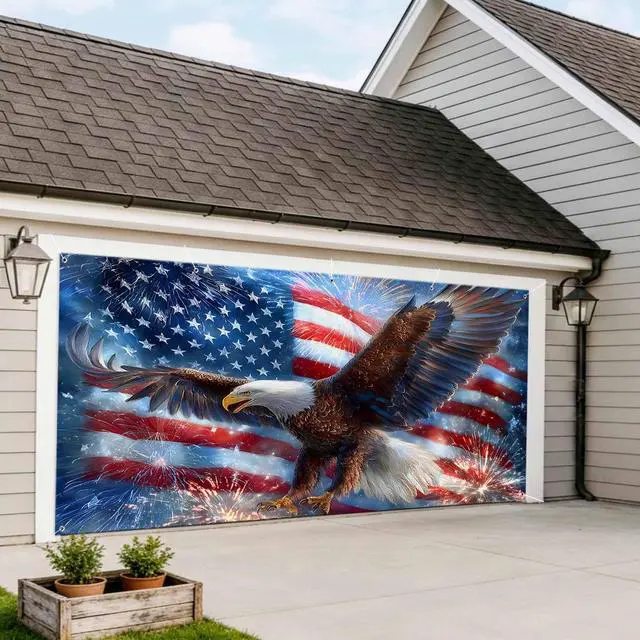 Alt view image 5 of 7 - 4th of July Garage Door Cover 7x8Ft Banner, Blue American Flag Eagle USA Independence Day Garage Door Decorations Backdrop for Christmas/Halloween Holiday Garages Covers