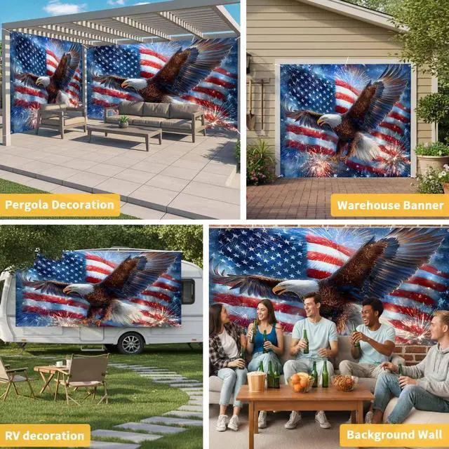 Alt view image 6 of 7 - 4th of July Garage Door Cover 7x8Ft Banner, Blue American Flag Eagle USA Independence Day Garage Door Decorations Backdrop for Christmas/Halloween Holiday Garages Covers