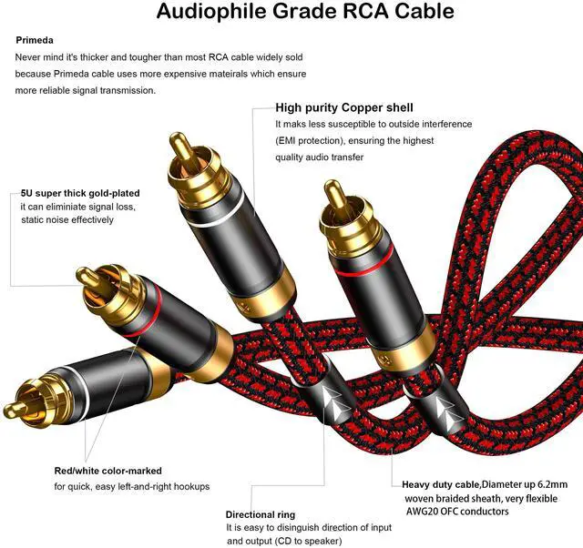 Alt view image 3 of 6 - Audiophiles RCA/Phono Cable 2 RCA Male to 2 RCA Male HiFi System Interconnect Cable Braided for Home Cinema Subwoofer Amplifiers Blu-ray (Straight to Straight, 3.2ft/1m)