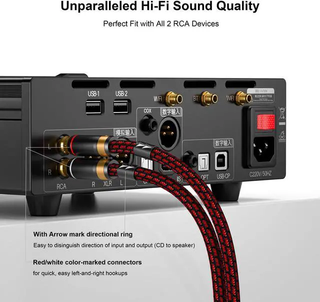 Alt view image 4 of 6 - Audiophiles RCA/Phono Cable 2 RCA Male to 2 RCA Male HiFi System Interconnect Cable Braided for Home Cinema Subwoofer Amplifiers Blu-ray (Straight to Straight, 3.2ft/1m)
