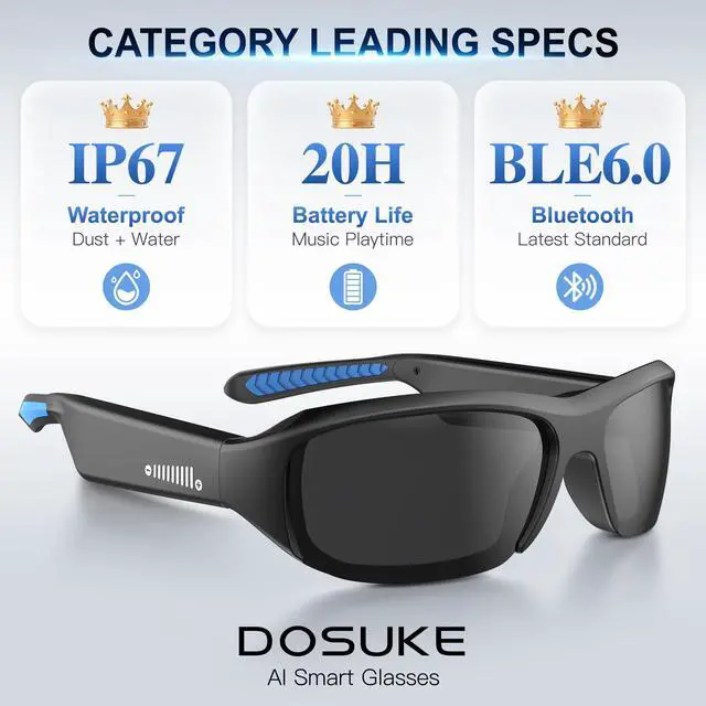 Alt view image 2 of 7 - AI Smart Glasses, IP67 Waterproof Bluetooth 6.0 Open Ear, 20H Music & Calls, UV400 Polarized Lens, Real-Time Translation, AI Assistant Lily, Lightweight Sports Sunglasses