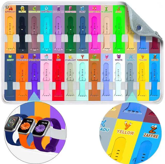 Main image of 26 Pack Sport Bands Compatible for Apple Watch Bands 38/40/41/42/44/45/46/49mm with Portable Fun Alphabet Printed Storage Bag, Soft Silicone Strap for Women Men iWatch Band Series 11 10 9 8 7 6 5 4 SE