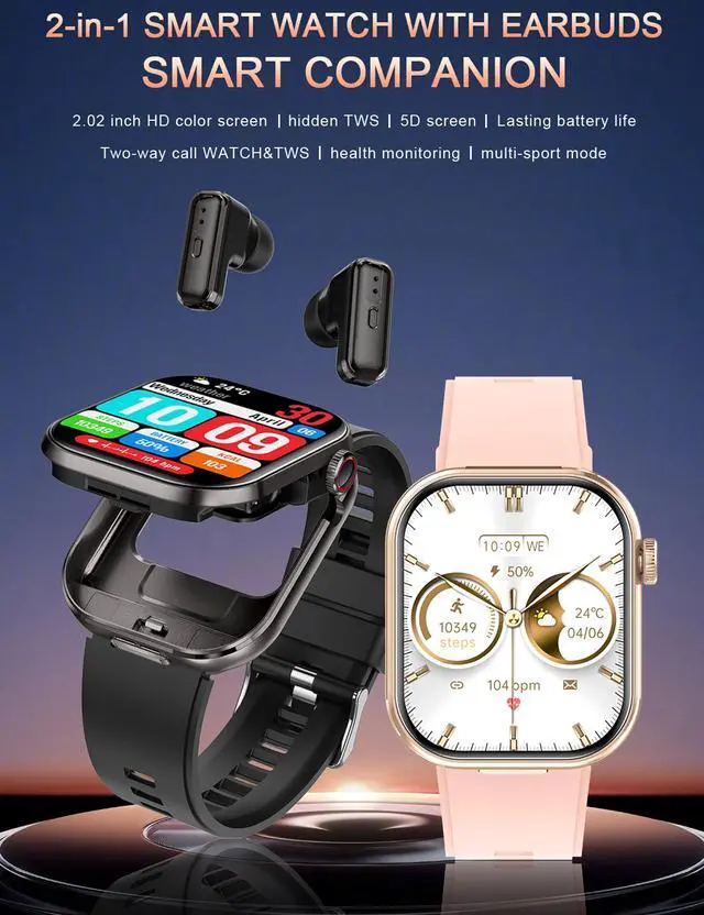 Alt view image 2 of 7 - Smartwatch with Earbuds, 2.02" HD Screen Fitness Watch, Take/Dial Calls, 2-in-1 Smartwatch with TWS Headset, Waterproof Sports Fitness Tracker, Long Standby Time