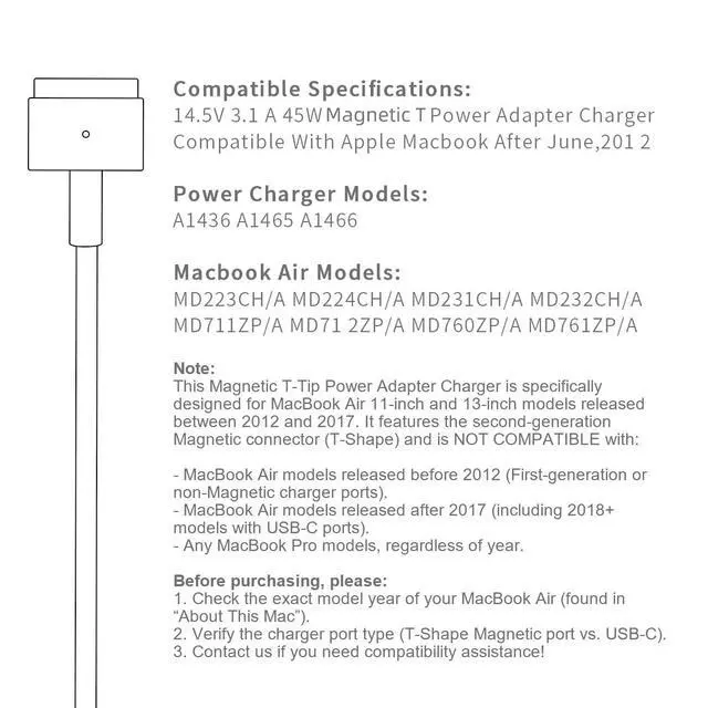 Alt view image 7 of 7 - Mac Book Air Charger, AC 45W Magnetic T-Tip Power Adapter Charger Compatible with MacBook Air 11-inch/13-inch (2012-2017)