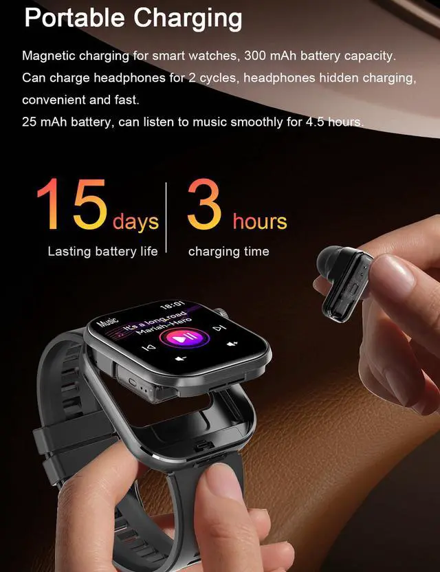 Alt view image 4 of 7 - Smartwatch with Earbuds, 2.02" HD Screen Fitness Watch, Take/Dial Calls, 2-in-1 Smartwatch with TWS Headset, Waterproof Sports Fitness Tracker, Long Standby Time