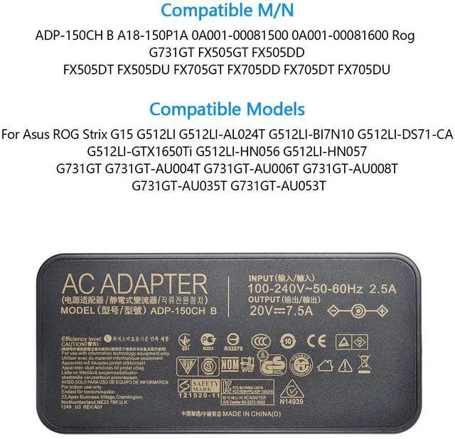 Alt view image 4 of 7 - 150W 20V 7.5A AC Laptop Charger Fit for ASUS Rog FX505GT FX505DD FX705GT | Compatible with ASUS ADP-150CH B A18-150P1A Rog FX505DT FX505DU FX705DD FX705DT FX705DU, 6.0x3.7mm with Power Cord