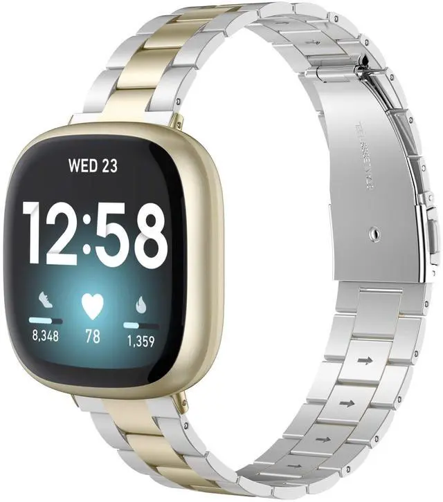Main image of Compatible with Fitbit Versa 4/3 Bands/Fitbit Sense Bands for Women Men, Stainless Steel Ultra-Thin Lightweight Metal Replacement Strap for Versa 4/Sense (Soft Gold+Silver)