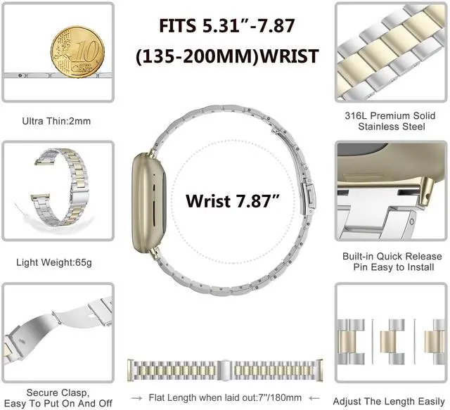 Alt view image 2 of 7 - Compatible with Fitbit Versa 4/3 Bands/Fitbit Sense Bands for Women Men, Stainless Steel Ultra-Thin Lightweight Metal Replacement Strap for Versa 4/Sense (Soft Gold+Silver)
