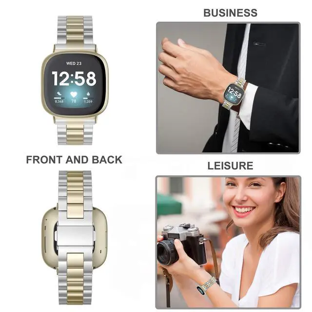 Alt view image 3 of 7 - Compatible with Fitbit Versa 4/3 Bands/Fitbit Sense Bands for Women Men, Stainless Steel Ultra-Thin Lightweight Metal Replacement Strap for Versa 4/Sense (Soft Gold+Silver)