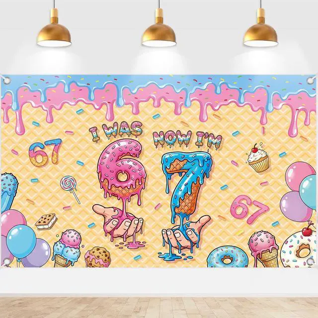 Main image of 6 7 Birthday Decorations Ice Cream Backdrop, I was 6 Now I'm 7 Birthday Banner, Sweet Drip Theme Party Background for Girls Boys Six Seven Years Old Party Supplies 71 45 in