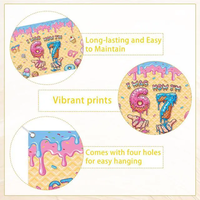 Alt view image 3 of 7 - 6 7 Birthday Decorations Ice Cream Backdrop, I was 6 Now I'm 7 Birthday Banner, Sweet Drip Theme Party Background for Girls Boys Six Seven Years Old Party Supplies 71 45 in