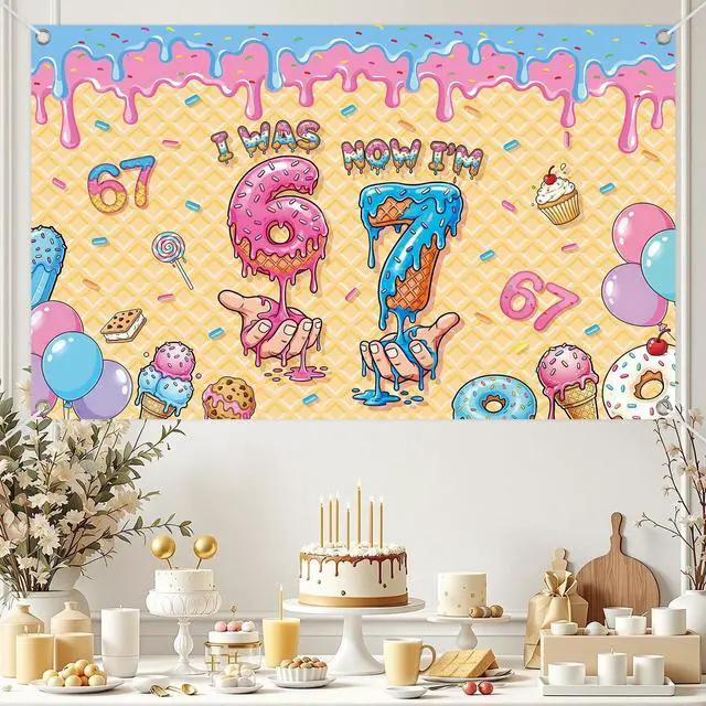 Alt view image 4 of 7 - 6 7 Birthday Decorations Ice Cream Backdrop, I was 6 Now I'm 7 Birthday Banner, Sweet Drip Theme Party Background for Girls Boys Six Seven Years Old Party Supplies 71 45 in