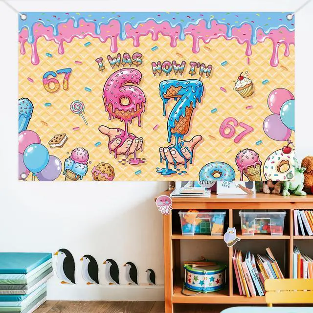 Alt view image 6 of 7 - 6 7 Birthday Decorations Ice Cream Backdrop, I was 6 Now I'm 7 Birthday Banner, Sweet Drip Theme Party Background for Girls Boys Six Seven Years Old Party Supplies 71 45 in