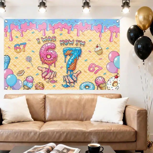 Alt view image 7 of 7 - 6 7 Birthday Decorations Ice Cream Backdrop, I was 6 Now I'm 7 Birthday Banner, Sweet Drip Theme Party Background for Girls Boys Six Seven Years Old Party Supplies 71 45 in