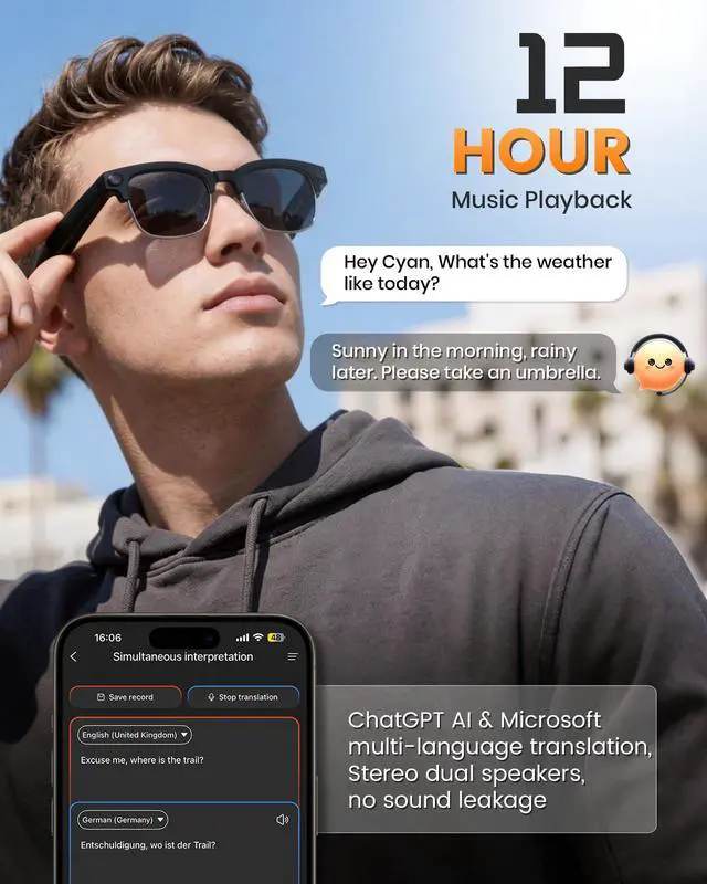 Alt view image 3 of 7 - AI Smart Glasses with Camera, Anti-Shake Video & Photo Capture | Open-Ear Music & Calls, Touch Control, Voice Assistant, Real-Time Translation, Auto Photochromic UV400 PC Lenses
