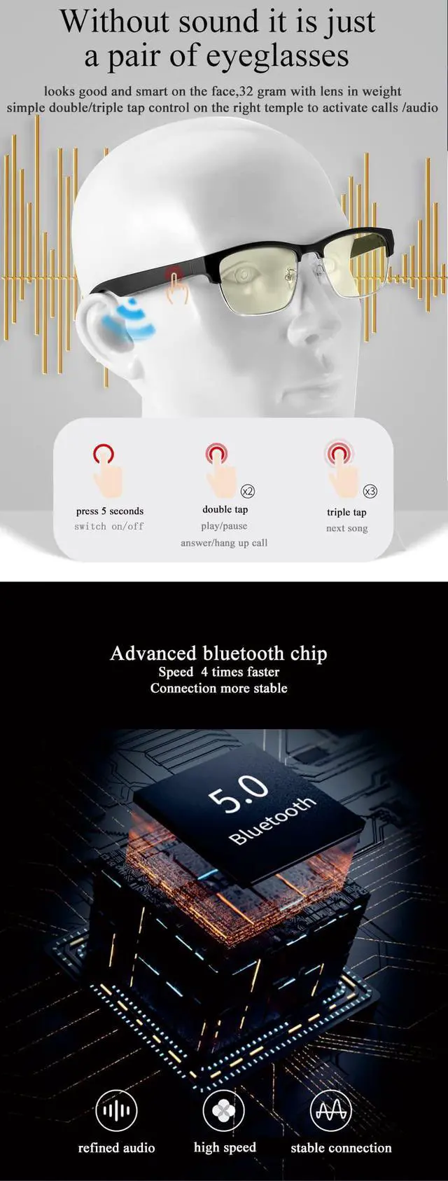 Alt view image 2 of 5 - AI Bluetooth Glasses,New Wireless Bluetooth Smart Audio Glasses with Speakers,Men's/Women's Indoor and Outdoor Entertainment Smart Glasses,Including 2 Magnetic Charging Wires(Silver,Clear)
