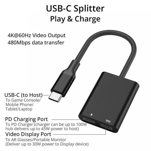 Alt view image 2 of 7 - AR Glasses Hub, Aluminum Shell USB C to AR Glasses 4K@60Hz and Charging Up to 45W PD, Plug and Play, Compatible with Switch 1,Steam Deck, ROG Ally X, etc, Supports Rokid XREAL Viture Glasses