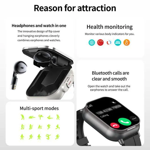 Alt view image 2 of 7 - Smart Watch with Earbuds, 2 in 1 Bluetooth Smartwatch for Men Women, 2.01" HD, Answer/Make Call, Sleep Monitor Fitness Tracker, 100+ Sports Modes, Compatible with Android iOS