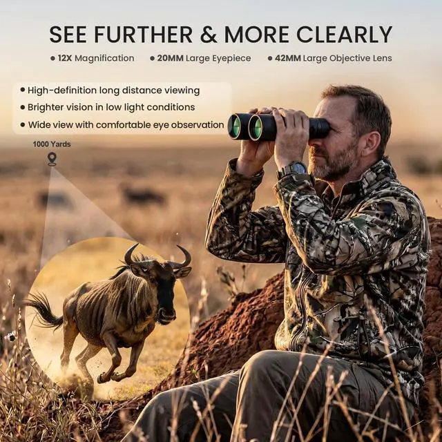 Alt view image 5 of 7 - 12x42 High Powered Binoculars for Adults, IPX7 Waterproof Long Range | HD Optical Imaging, BAK4 Prism, Lightweight Durable Aluminum Alloy Body, Ideal for Bird Watching, Hunting & Cruise Ship