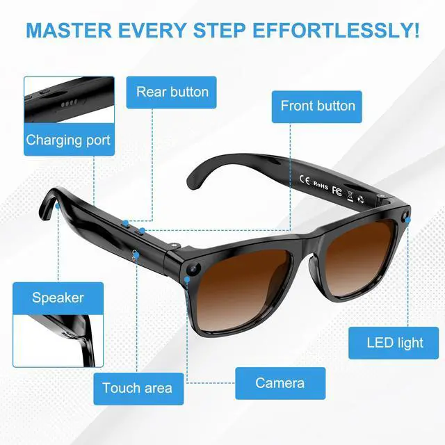 Alt view image 7 of 7 - AI Smart Glasses with 4K Video Recording & 8MP Camera | Bluetooth 5.4 Open Ear Audio, Built-in AI Assistant & Real-Time Translation, Lightweight Smart Eyewear for Men Women