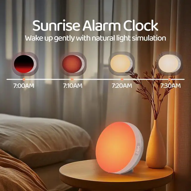 Alt view image 2 of 6 - Sunrise Alarm Clock for Heavy Sleepers Adults, Wake Up Light Dimmable Night Light for Kids Teens Bedroom Home Decor Girls Boys Women Gifts, 20 Color and Touch Control, Snooze, White