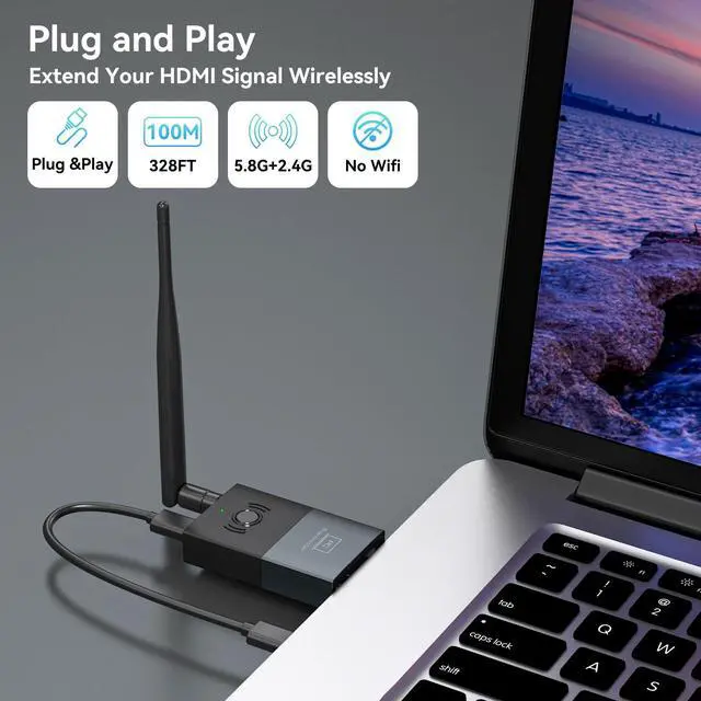 Alt view image 2 of 7 - Wireless HDMI Transmitter and Receiver, 330FT/100M Wireless HDMI Extender for 4K Decode Input 1080P@60Hz Output, Plug&Play Portable 2.4G+5.8G for Video and Audio to Monitor from PC/Projector/TV Box